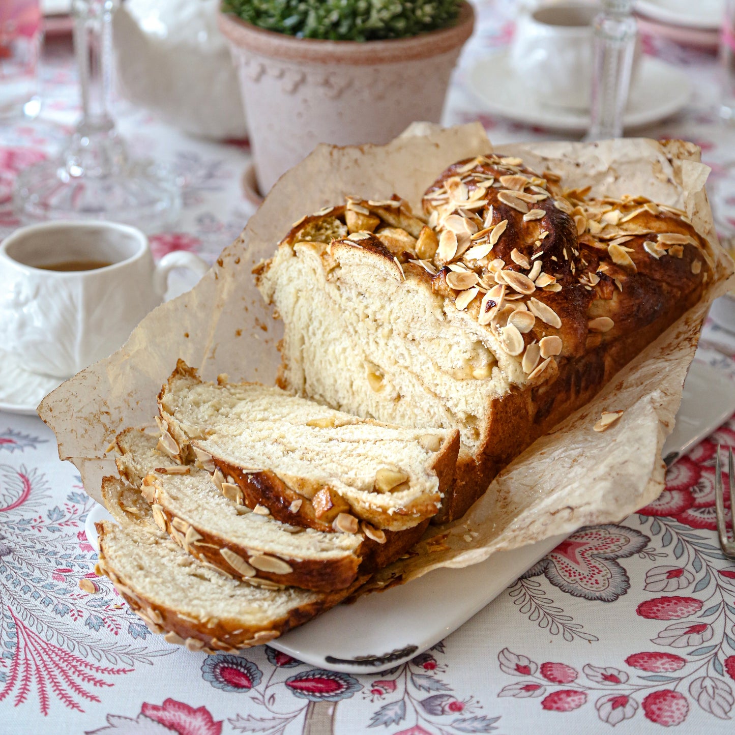 Apple and cinnamon Babka with flaked almonds