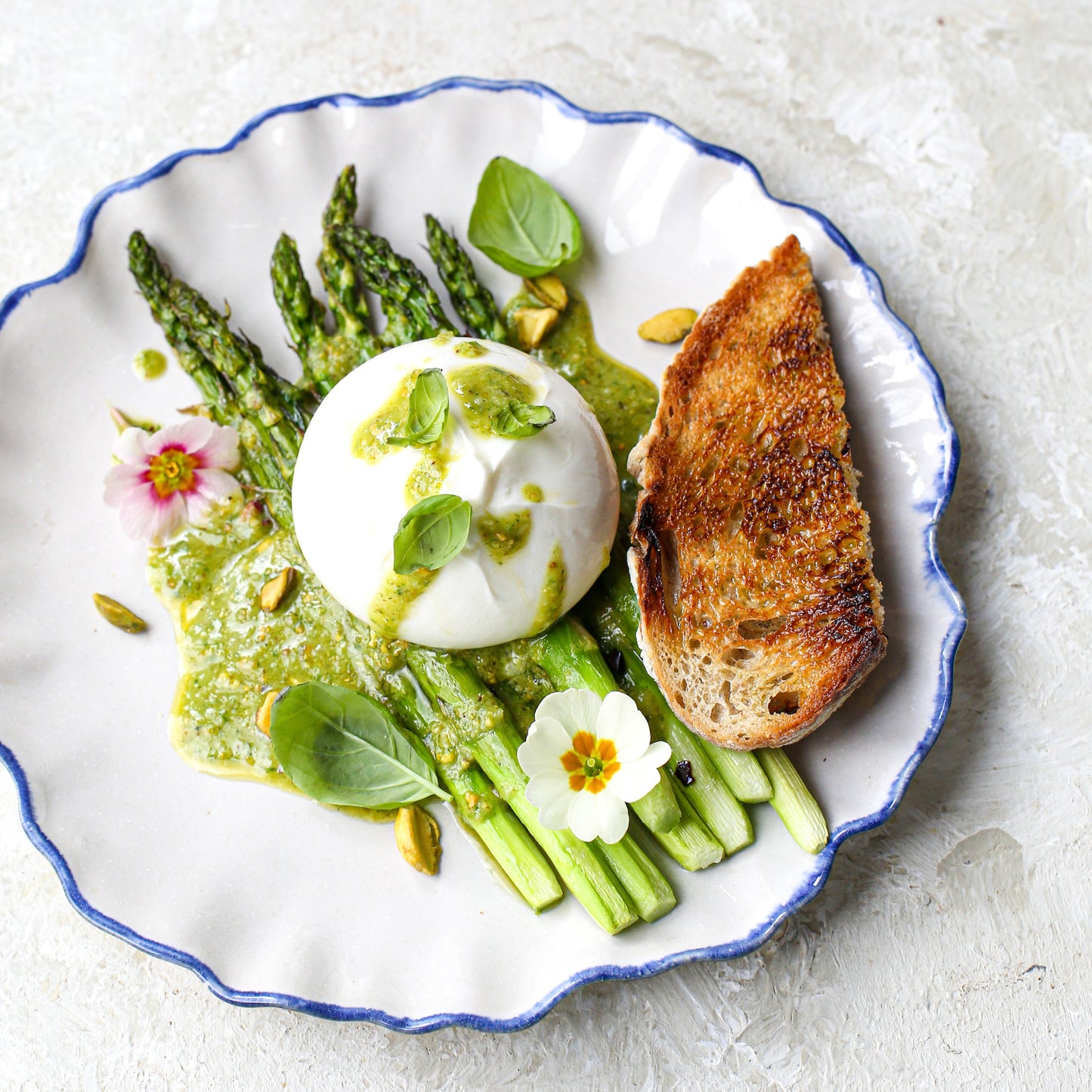 Grilled Asparagus with Burrata & Pistachio Pesto