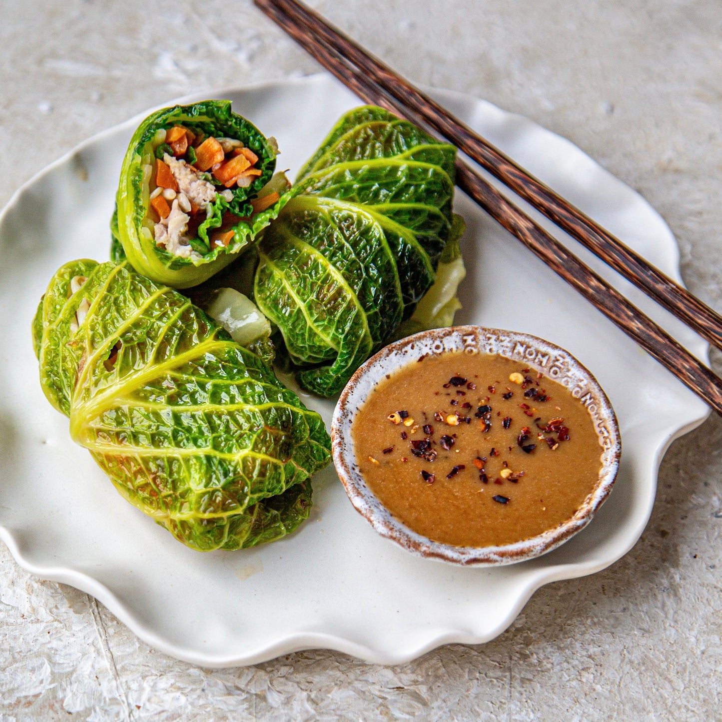 Cabbage Spring Rolls with Tahini & Chilli Dip
