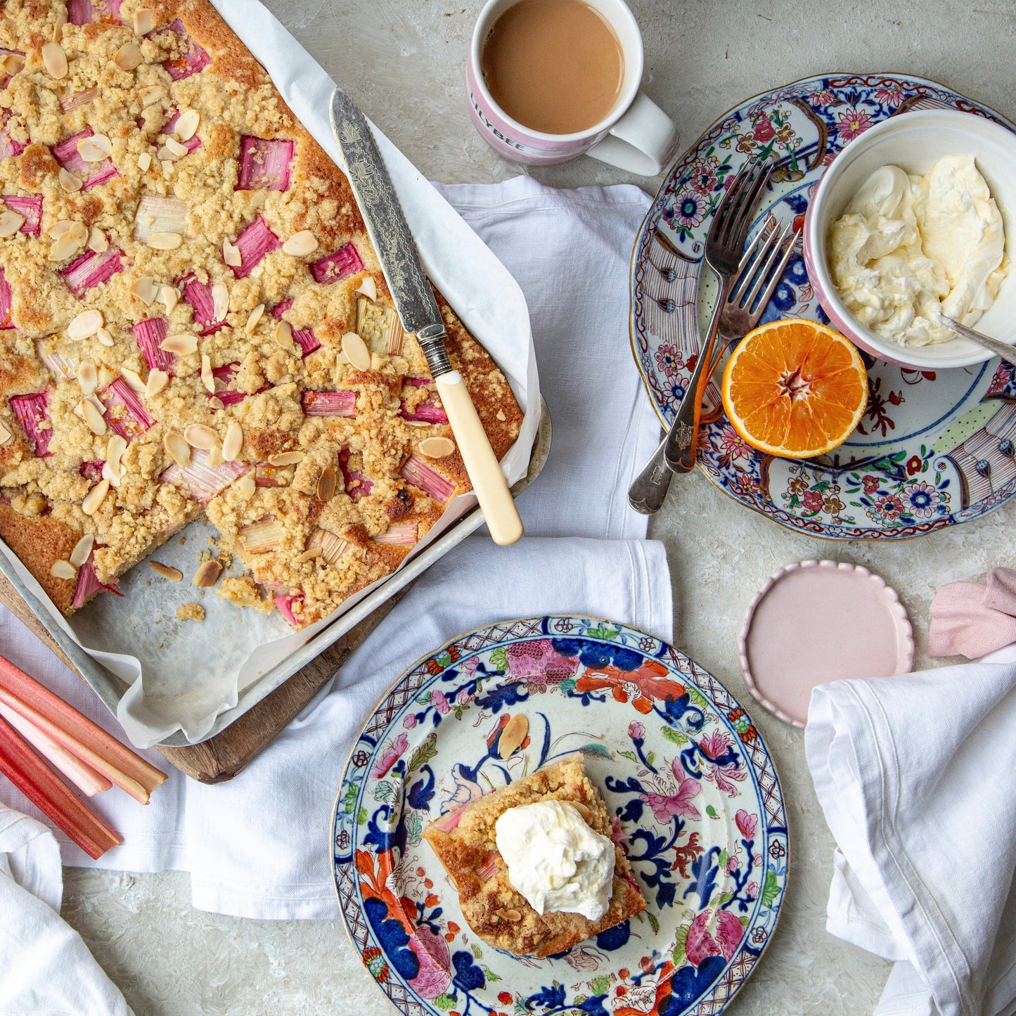 Rhubarb and Almond Streusel Traybake with blood orange whipped cream