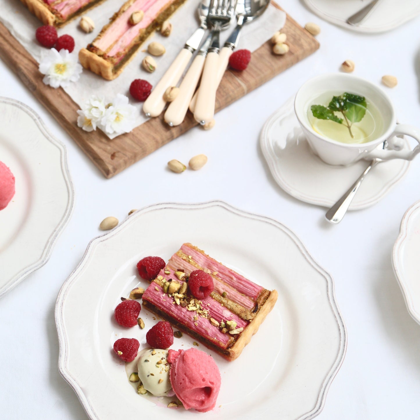 Rhubarb and Pistachio Frangipane Tart with Raspberry and Rose Sorbet